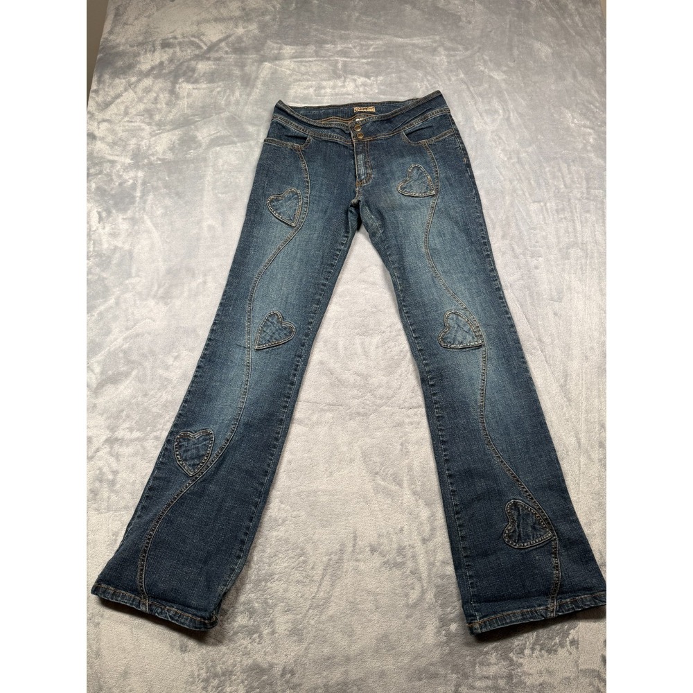 Clark Jeans Womens 11 Blue Stitched Heart Patches Curved Contrast Seams Low Rise